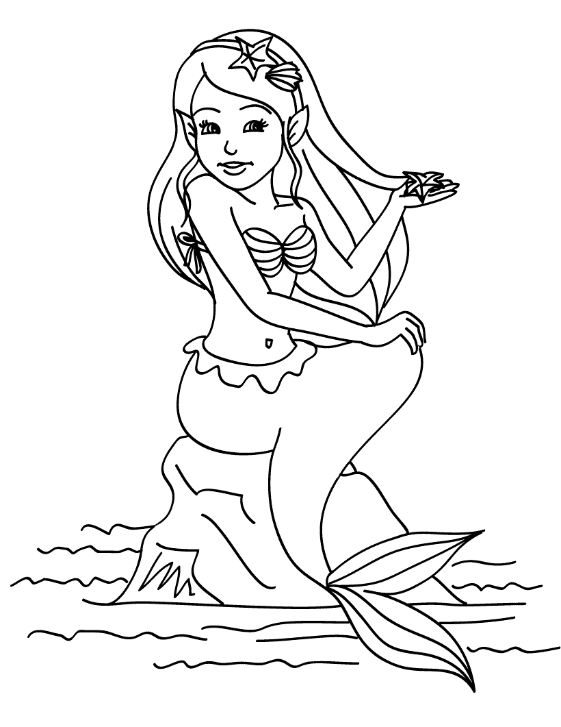Desenho para colorir para crianças. Bonita sereia dos desenhos animados  está sentado na rocha. Personagens kawaii vetores. Estrela-do-mar . imagem  vetorial de kristina0702© 378224690