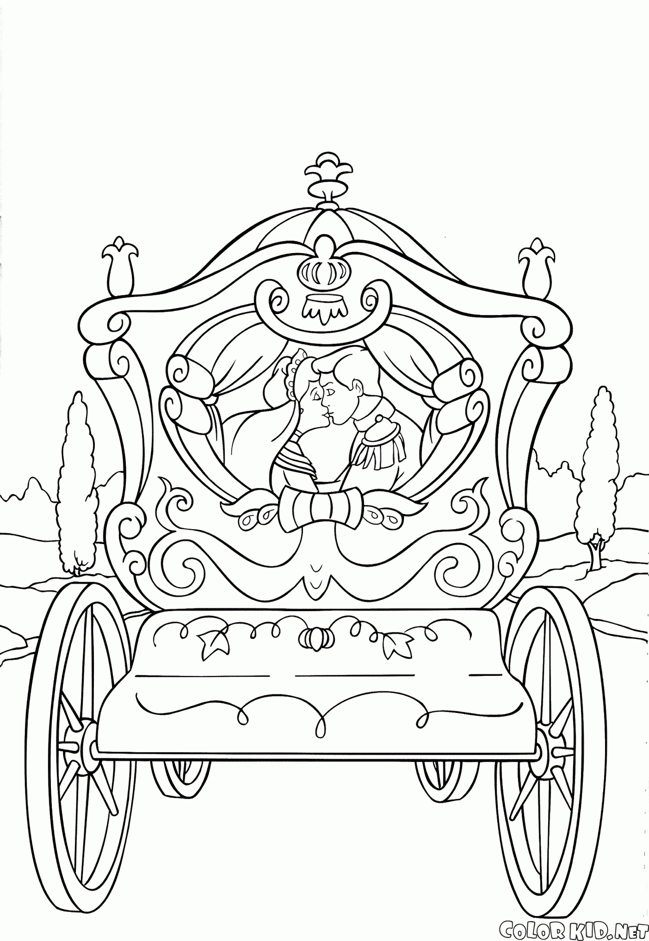 Cinderela eo Príncipe em uma carruagem