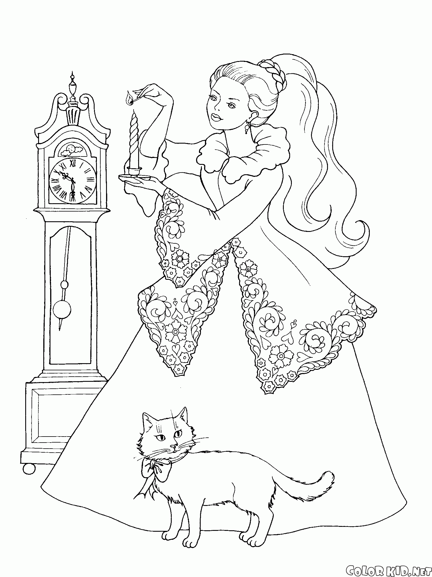 Desenho de Princesa com o gato e borboleta para Colorir - Colorir.com