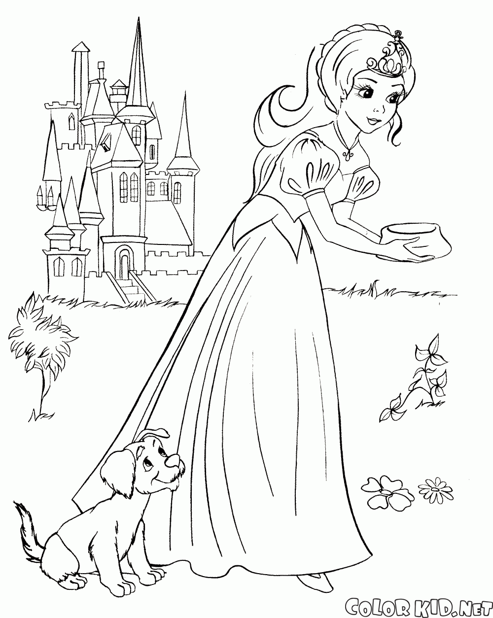 Desenho de Princesa com cachorro para Colorir - Colorir.com