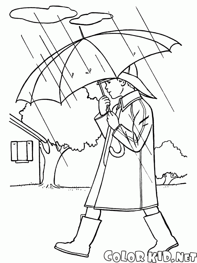 O menino está andando na chuva