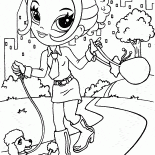 A menina está andando com seu animal de estimação