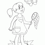Menina com uma rede de borboleta perseguição atrás de uma borboleta